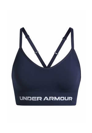 Tumedat sinine spordirinnahoidja reguleeritavate ristsedadega õlgadele, sileda tekstuuriga ja silmapaistva valge "UNDER ARMOUR" brändinguga rinnahoidja alumisel osal.