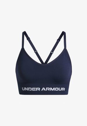 Jūras zila sporta krūšturis ar regulējamiem krusteniskiem siksnām, gluda tekstūra un izteikta baltā "UNDER ARMOUR" apdruka uz joslas.