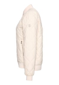 Gev quilted crèmekleurige bomberjack met een ritszak, ribgebreide manchetten en kraag, met een cirkelvormig logo-opdruk op de linker mouw.