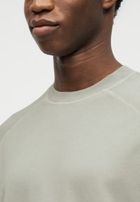 Uomo nero giovane che indossa una felpa grigia chiara con collo a giro, mostrato dal collo a metà petto su uno sfondo bianco semplice.