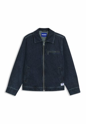 Dark blue denim jacket with front zipper, zippered chest pocket, two side pockets, collar, and small logo patch near hem.