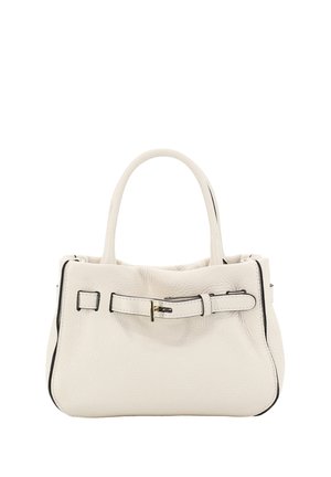 Small white leather handbag with short handles, a front buckle strap, and black edge detailing.