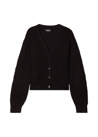 Gilet noir en maille avec un col en V, des manches ballon longues et un motif texturé. Présente cinq boutons sur le devant. Design court.