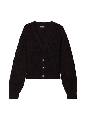 Schwarze, gestrickte Strickjacke mit V-Ausschnitt, langen Ballonärmeln und strukturiertem Muster. Verfügt über fünf Knöpfe auf der Vorderseite. Kurz geschnittenes Design.