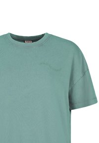 Mintgroene katoenen T-shirt met een ronde hals, korte mouwen en subtiele geborduurde tekst op de voorkant. Gladde textuur, casual ontwerp.