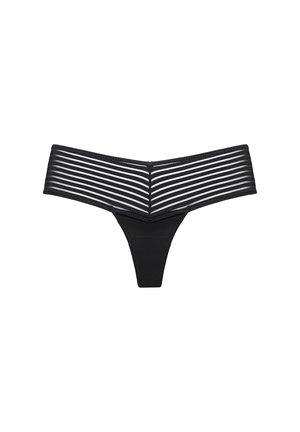 Black thong underwear featuring a wide waistband with horizontal stripes, made from a soft, stretchy fabric with a smooth texture.