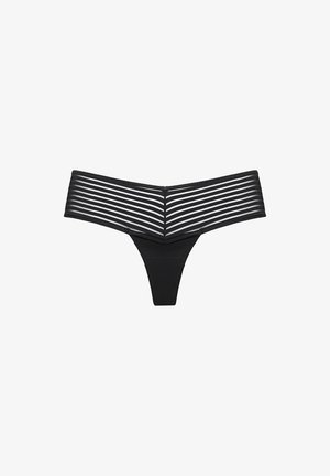 Black thong underwear featuring a wide waistband with horizontal stripes, made from a soft, stretchy fabric with a smooth texture.