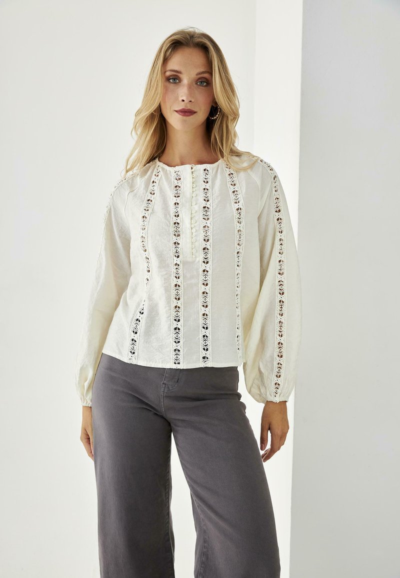 Blusa blanca de mangas largas, con paneles de encaje y detalles de botones en el centro, combinada con pantalones de pierna ancha grises.