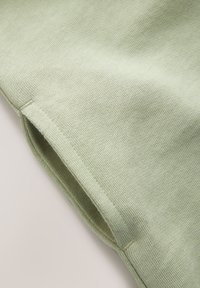 Gaiši zaļa adīta auduma ar gludu tekstūru, ar sānu šuvi un nedaudz vaļēju siluetu. Nav redzamu rakstu vai metāla detaļu.