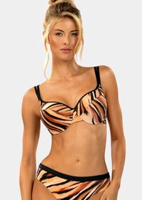 Wielokolorowy zestaw bikini z wzorem fal w odcieniach pomarańczowym i czarnym. Góra posiada wsparcie w postaci fiszbin i regulowane ramiączka. Gładki, elastyczny materiał.