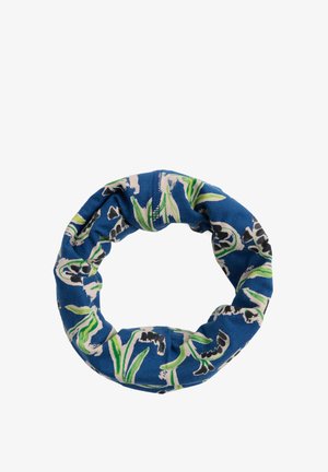 Ronde, rekbare hoofdband gemaakt van zacht stof. Heeft een blauwe achtergrond met witte bloemen- en groene bladpatronen. Geen zichtbare hardware.