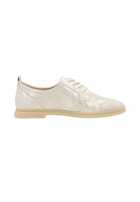 Chaussures légères en métal argenté à lacets avec une texture lisse, un bout rond et une semelle en caoutchouc beige. Design simple sans embellissements.
