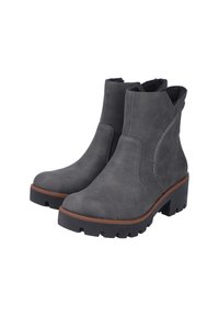 Botas de tobillo grises con un upper de cuero texturizado, suela de goma y un tacón bajo. Presentan un corte lateral y una entresuela marrón en contraste.