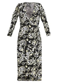 Robe noire à manches longues avec un motif léopard et chaînes dorées, en tissu lisse, longueur genoux.