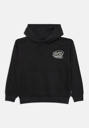 Schwarzer Kapuzenpullover mit einer Fronttasche, Kordelzugkapuze und einem in Hellgrau auf der linken Brustseite aufgedruckten Logo. Weiches Baumwoll-Mischgewebe.