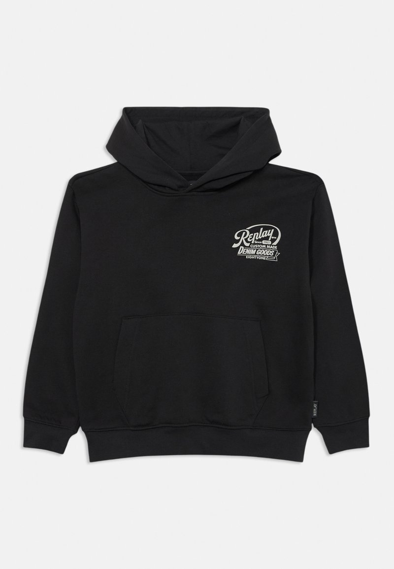 Hoodie noir avec une poche avant, capuche à cordon, et un logo imprimé en gris clair sur la partie gauche de la poitrine. Matière en mélange de coton doux.