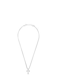 Collana in argento con un semplice pendente a croce lucido, caratterizzato da un design a catena delicato e chiusura a moschettone.