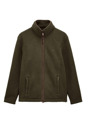 Olivengrøn fleecejakke med fuld lynlås foran, ståkrave og to lynlåslommer i siden.