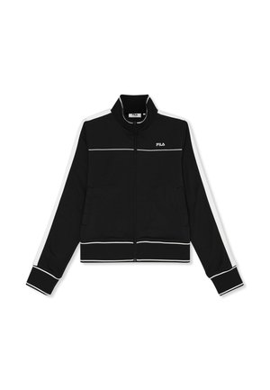 Zwarte ritssluiting jas met witte biezen, hoge kraag en FILA-logo op de borst, voorzien van voorzakken en lange mouwen.