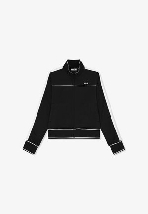 Veste noire à fermeture éclair avec passepoil blanc, col montant et logo FILA sur la poitrine, dotée de poches avant et de manches longues.