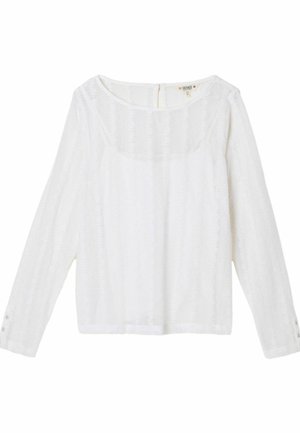 Hvid langærmet bluse med tekstureret stof, der har en rund halsudskæring og knapdetaljer ved manchetterne. Enkel, løstsiddende model.