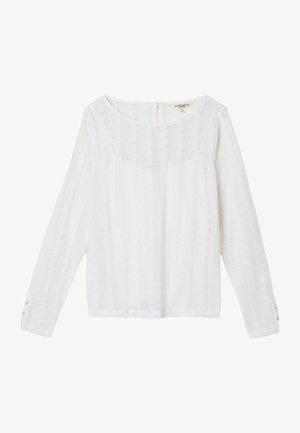 Hvid langærmet bluse med tekstureret stof, der har en rund halsudskæring og knapdetaljer ved manchetterne. Enkel, løstsiddende model.