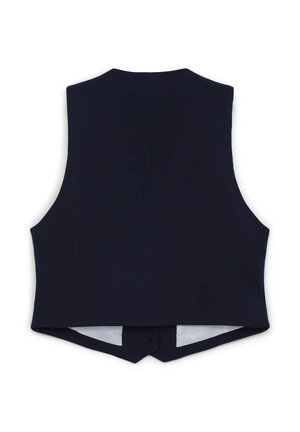 Navy blue vest with a tailored design, smooth fabric, and a V-shaped back hem. Features a single button closure at the base.