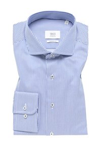 Blauw en wit gestreepte blouse met moderne pasvorm, van katoen, met puntkraag, enkele manchetten en met knoopdetails.