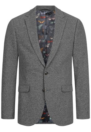 Blazer gris texturizado con un cierre frontal de dos botones, solapas con muesca y un forro de estampado de mariposas de colores. Incluye bolsillos delanteros.
