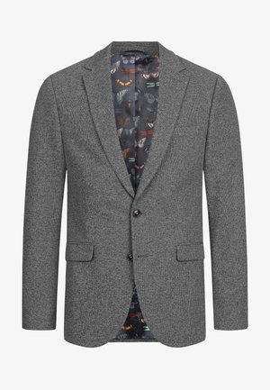 Grau strukturierter Blazer mit einer Zwei-Knopf-Front, Reverskragen und einem bunten Schmetterlingsprint-Futter. Enthält frontale Taschen.
