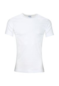 T-shirt en coton blanc à manches courtes et col rond. Texture lisse et design ajusté, sans motifs ni accents visibles.