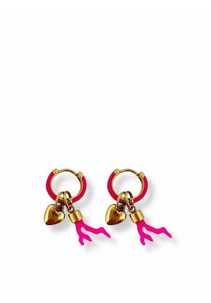 Gold hoop earrings with pink enamel, each featuring a small gold heart charm and a pink coral-shaped pendant.