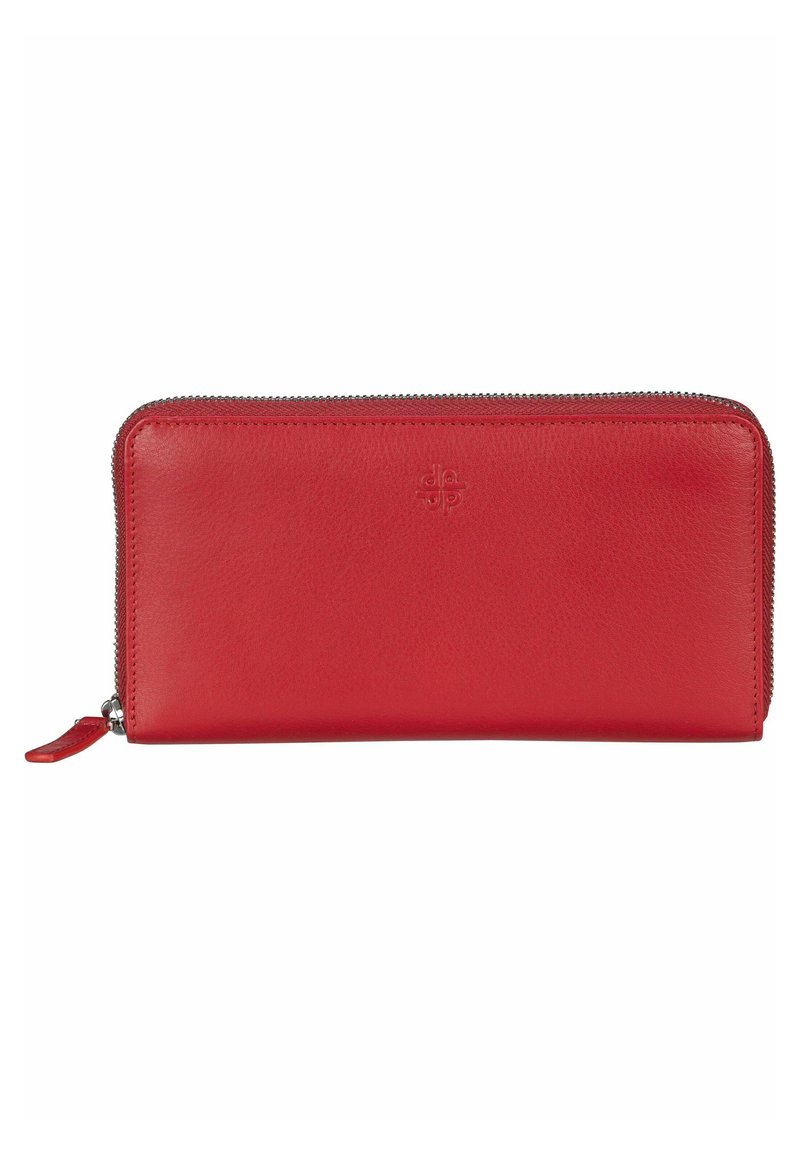 Portefeuille zippé en cuir rouge avec une texture lisse, un design simple et un logo embossé sur le devant. Il dispose d'une fermeture zippée et d'un onglet sur le côté.