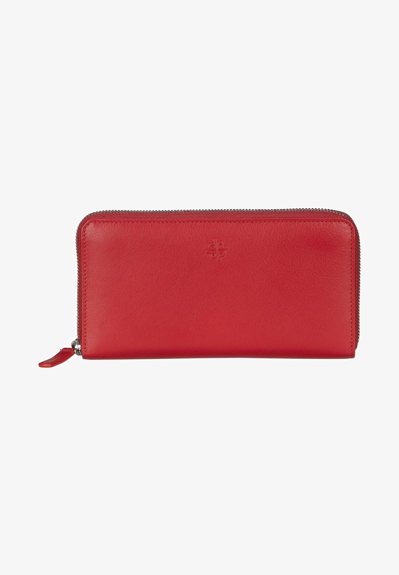 Cartera roja de cuero con cremallera, de textura suave, diseño sencillo y logo en relieve en la parte frontal. Cuenta con un cierre de cremallera y una pestaña lateral.