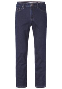 Marineblauwe denim jeans met een rechte pasvorm, subtiele vouwlijnen en klassieke vijf-pocket styling. Voorzien van een sluiting met een knoop aan de voorkant en riemlussen.