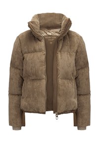 Veste matelassée en velours côtelé marron avec un col montant, une texture matelassée horizontale, une étiquette intérieure dorée et une fermeture éclair frontale. Comprend des poignets côtelés.