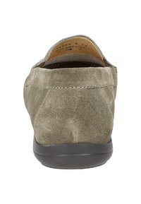 Graue Wildlederschuhe mit runder Form, weicher Textur und schwarzer Gummisohle. Verfügt über eine glatte Nahtdetails entlang der Rückseite.