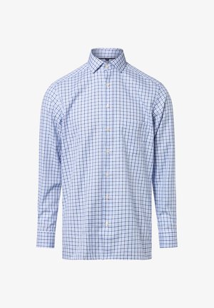 Lichtblauw overhemd met lange mouwen en een geruit patroon in donkerblauw en wit. Voorzien van een button-down kraag en een borstzakje.