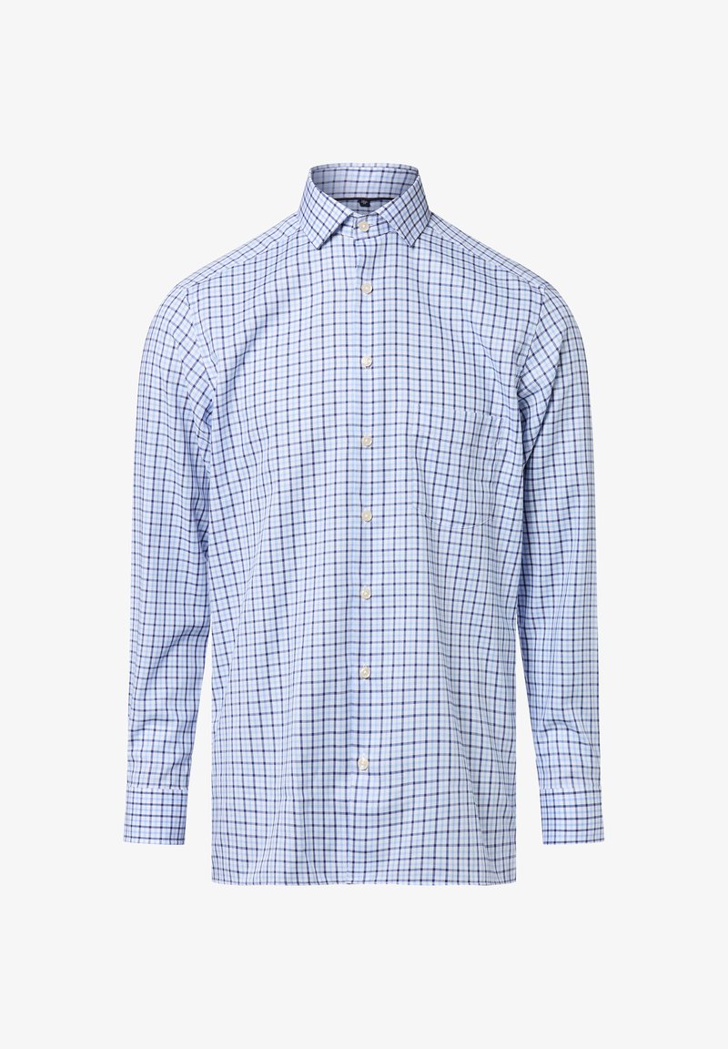 Himmelblaues Langarmhemd mit kariertem Muster in dunklerem Blau und Weiß. Verfügt über einen Button-Down-Kragen und eine Brusttasche.