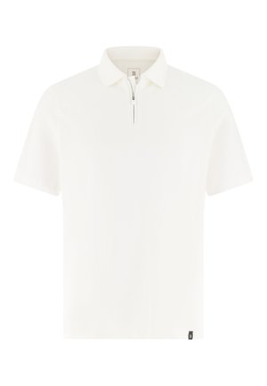 Witte polo met korte mouwen, voorzien van een kraag met rits, een gladde textuur en een klein zwart logolabel aan de onderzijde links.
