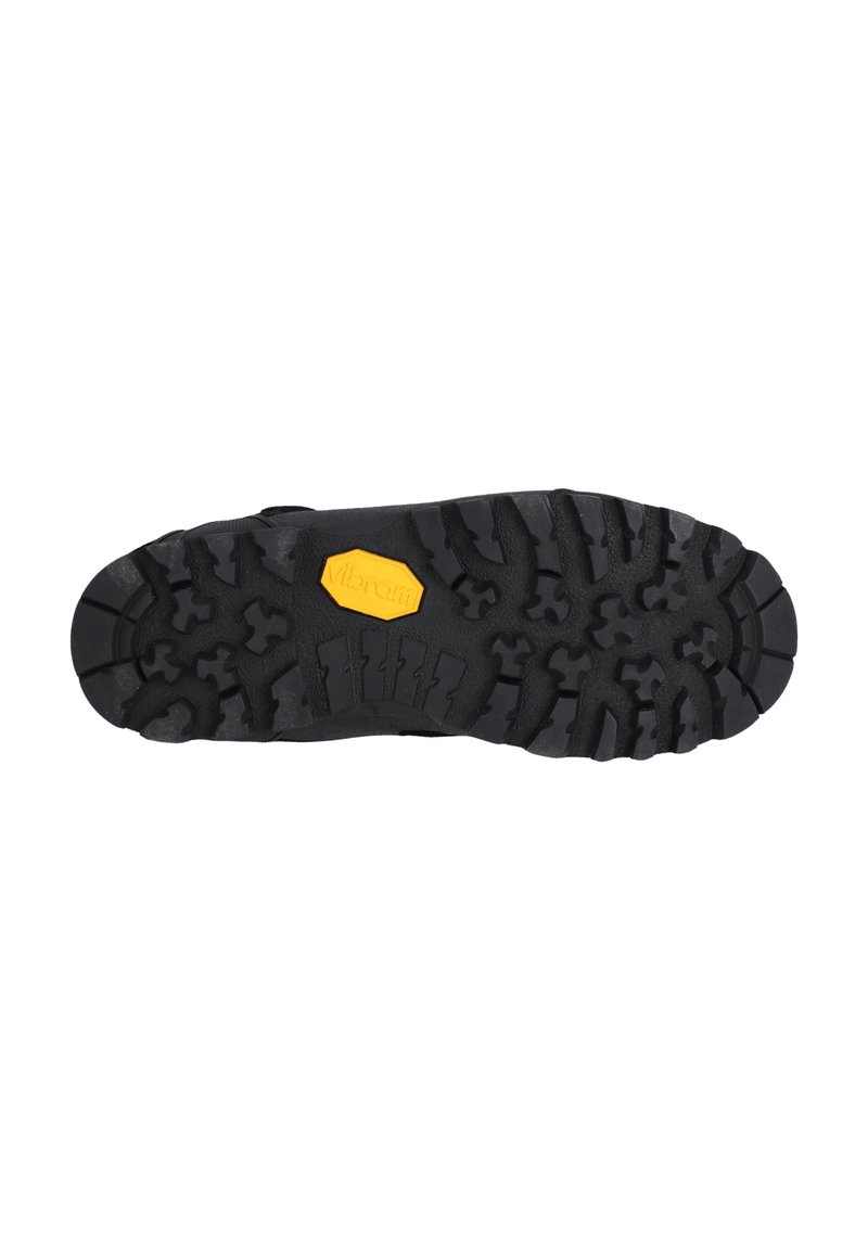Czarna gumowa podeszwa buta z teksturowanym wzorem bieżnika dla lepszej przyczepności, z żółtym logo Vibram na środku.
