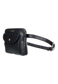 Černá kožená crossbody taška se zipovým uzávěrem, přední kapsou na klopu a nastavitelným popruhem. Disponuje texturovaným povrchem a zlatým kováním.