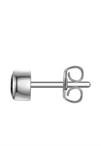 Orecchino in argento con una pietra nera, parte superiore a cabochon rotondo, dotato di un elegante stelo e chiusura a farfalla per una tenuta sicura.
