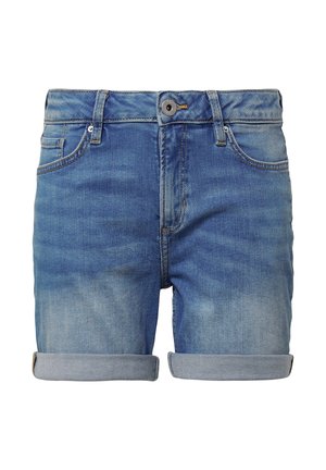 Shorts en denim bleu clair, avec un ourlet retroussé, un design à cinq poches, une fermeture à bouton à l'avant et une légère décoloration pour un effet texturé.