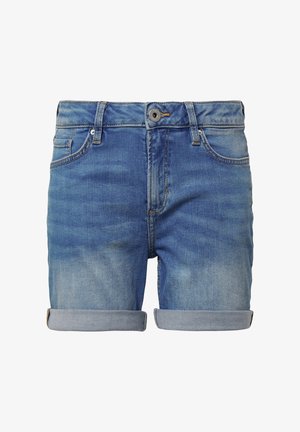 Heled sinine teksashorts, millel on kerge volditud äär, viie tasku disain, esine nööbiga kinnitamine ja kerge kulumine tekstuuri jaoks.