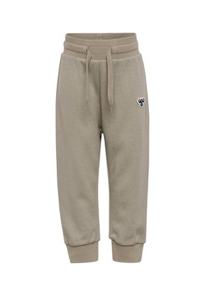Lysebrune joggingbukser til småbørn med elastisk talje, snøre, manchetter ved anklerne og en lille broderet bi-logo på venstre lår.