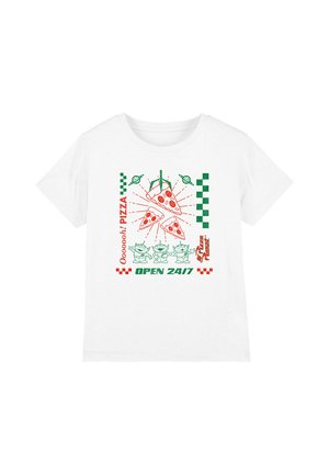 Weißes T-Shirt mit einem roten und grünen Pizza-Design, begleitet von dem Text "Ooooooh! PIZZA" und "OPEN 24/7" sowie Cartoonfiguren darunter.