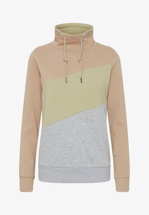 Fleece pulover z visokim ovratnikom v bež, svetlo zeleni in sivi barvi. Ima trikotno oblikovano barvno blokado in nastavljiv vrvici na vratu.