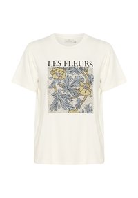 T-shirt en coton blanc présentant un graphique floral en jaune et bleu avec le texte "LES FLEURS" au-dessus du design. Manches courtes, col rond.