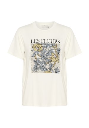 Hvid bomulds t-shirt med et blomsterdesign i gul og blå samt teksten "LES FLEURS" over motivet. Korte ærmer, rund hals.